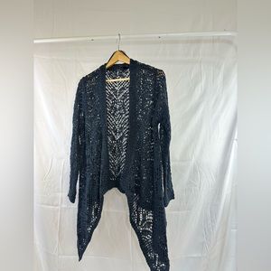Elegant Dark Blue Open Weave Knit Cardigan with Front Drape, size small